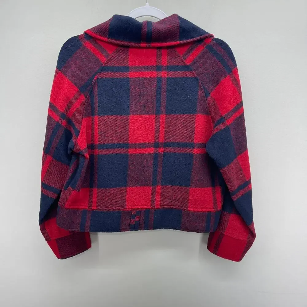 FavLux Fleece Jacket Womens Small Red‎ Blue Plaid Waist Length Shacket Full Zip
